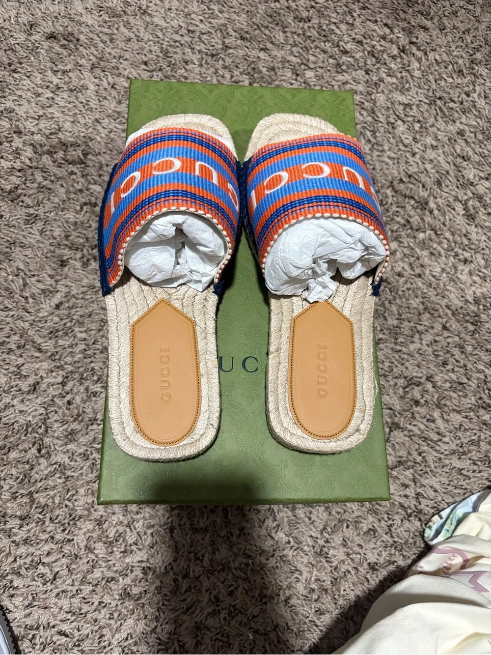 Gucci Orange and Blue Striped Logo Slide Sandals